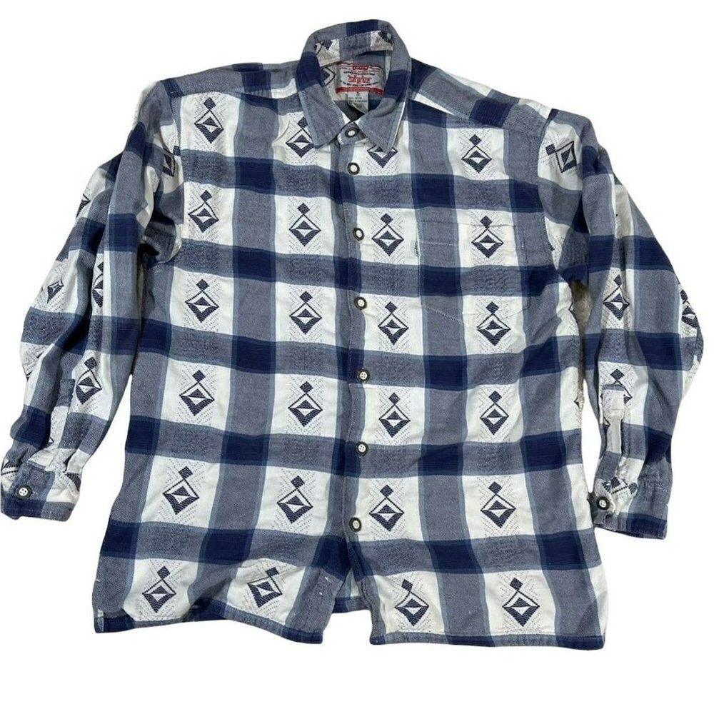 Levi's Western Shirt WMN'S XL Blue‎ Plaid Geometric Embroidered Cotton Good 951M